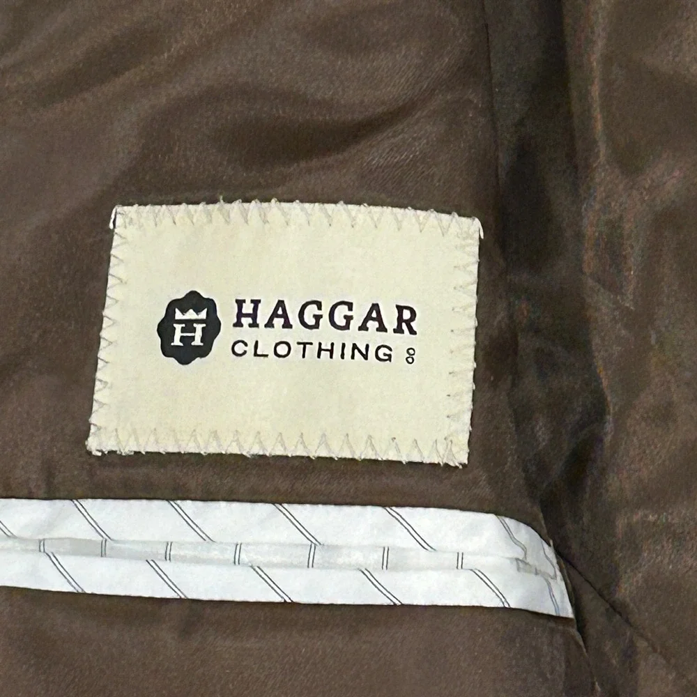 Haggar Houndstooth Windowpane Blazer Men 44R Brown 2 Button Tailored Sports Coat